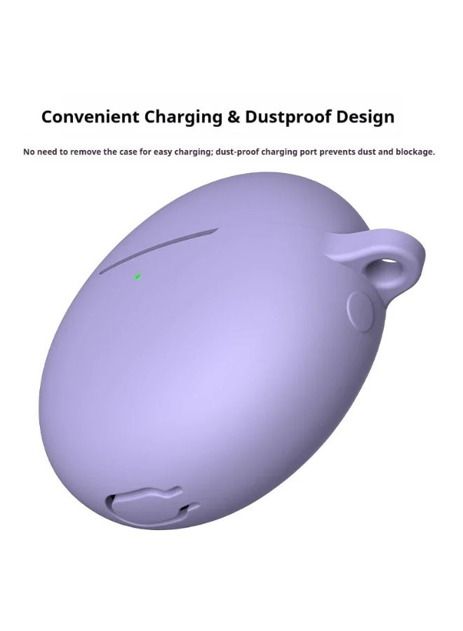 Silicone Case for Huawei FreeBuds 7i with Carabiner Hook, Shockproof Protective Cover, Solid Color (Lavender) - Image 2